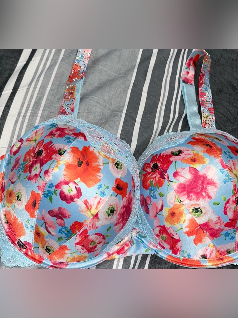 Victoria's Secret Blue Floral Satin Underwire Bra